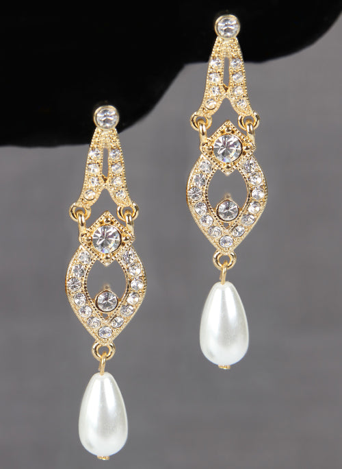 Tiered Earrings with Dangling Pearls, Gold