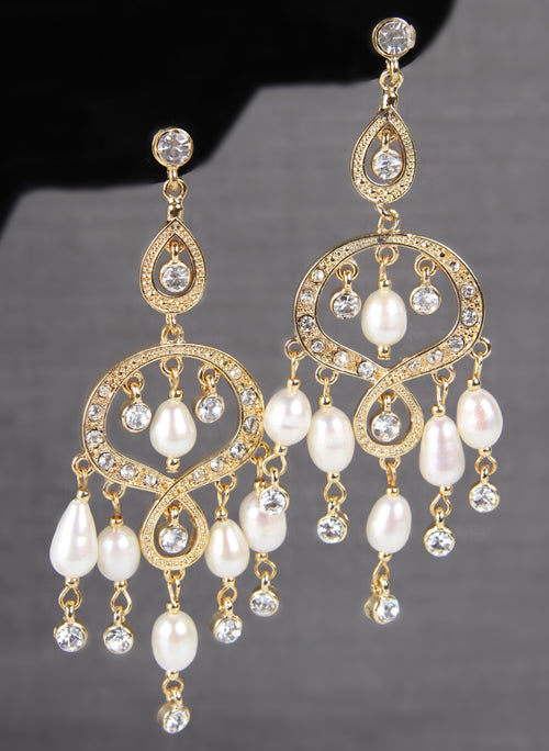 Rhintstone & Pearl Chandelier Earrings, Gold
