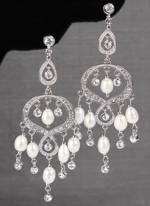 Rhintstone & Pearl Chandelier Earrings, Silver