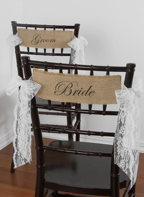 Bride and Groom Burlap Chair Sashes