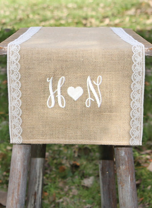 Initials w/Heart Embroidered Burlap Table Runner w/Lace Edge