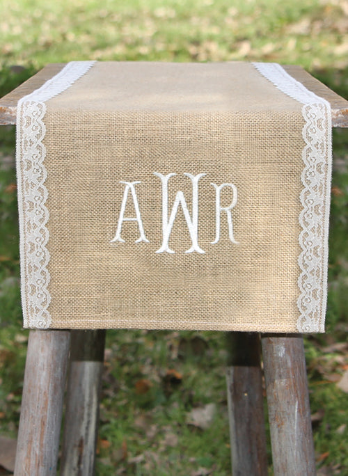Monogram Embroidered Burlap Table Runner w/Lace Edge