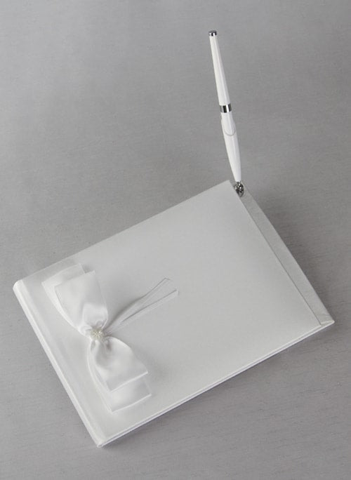 Sequin Flower Guest Book w/Pen - White