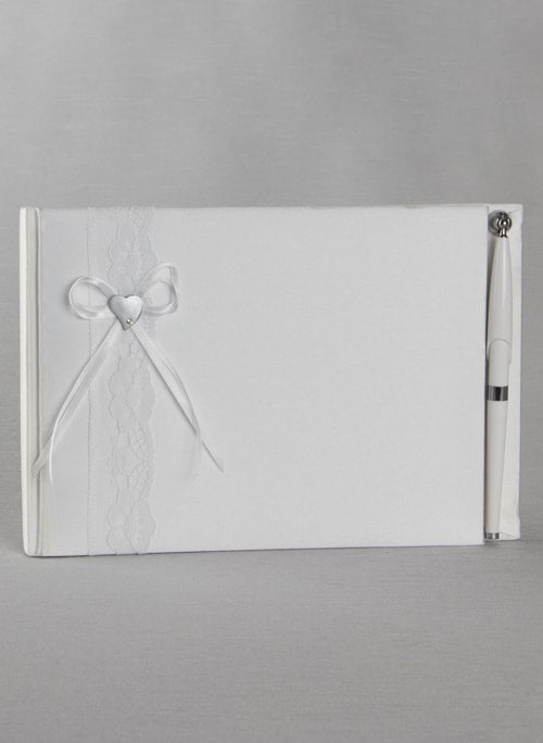 Silver Heart Guest Book w/Pen - White