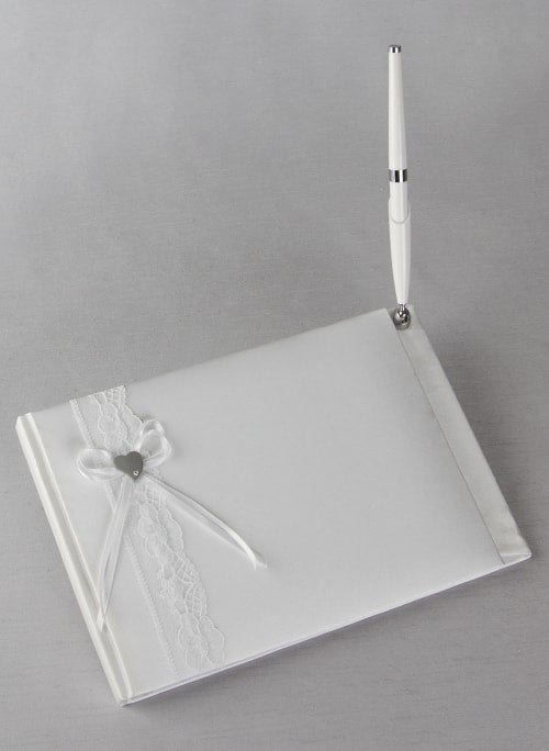 Silver Heart Guest Book w/Pen - White