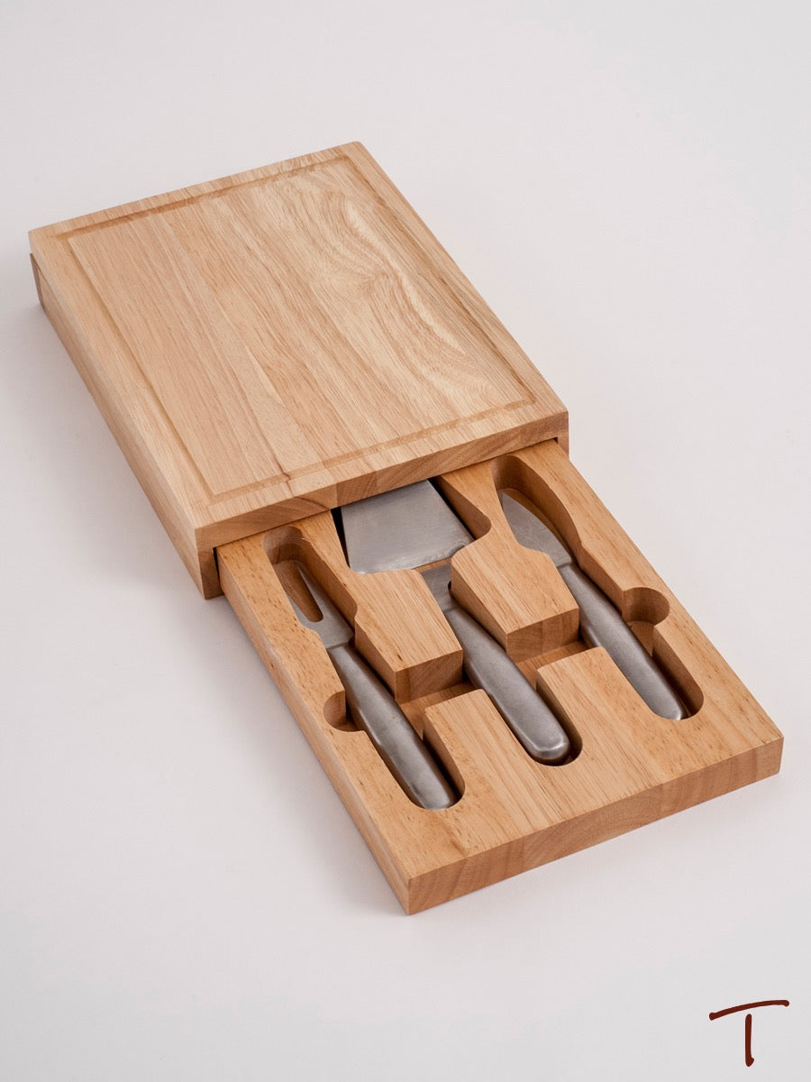 Rectangular Wood Cheese Board with Metal Handled Tools Inside