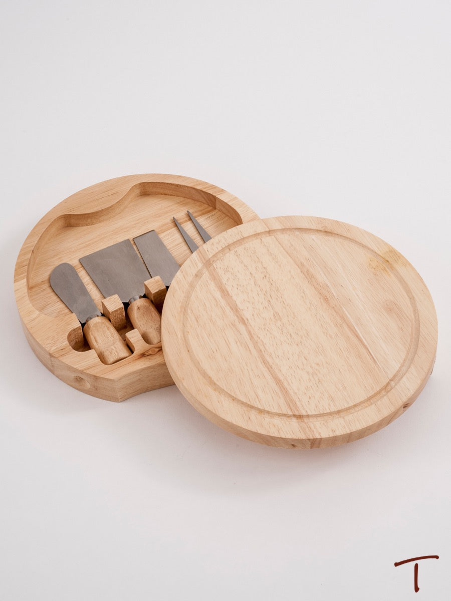 Round Wood Cheese Board w/4 Wood Handled Utensils