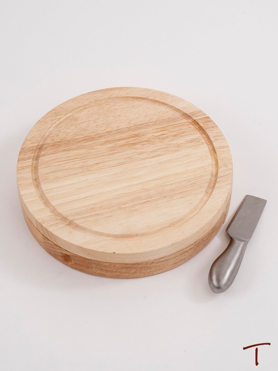 Round Wood Cheese Board w/4 Wood Handled Utensils