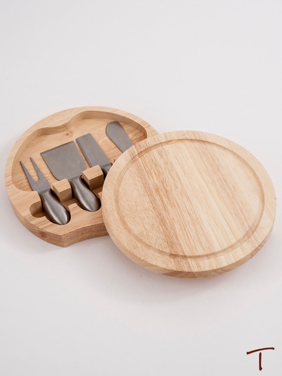 Round Wood Cheese Board w/4 Wood Handled Utensils