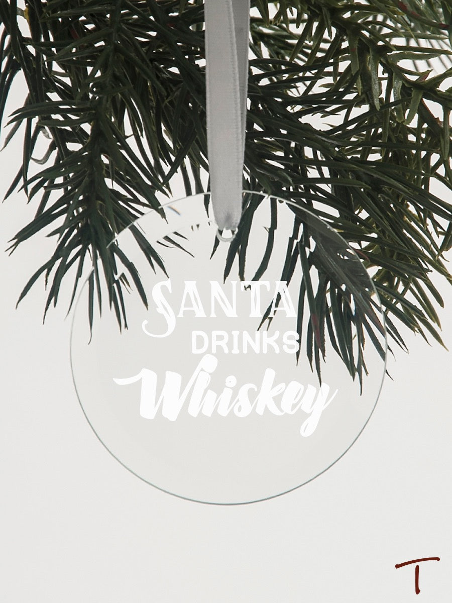 Santa Drinks... Round Glass Ornament