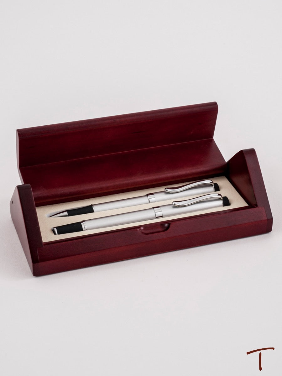 Two Silver & Black Pens in Wood Roll Open Box
